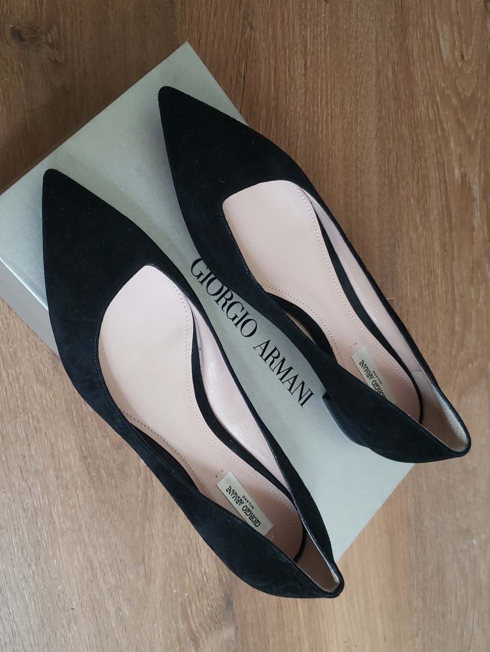 Giorgio Armani Black Suede Pointed Ballet Flats with Blush Insole